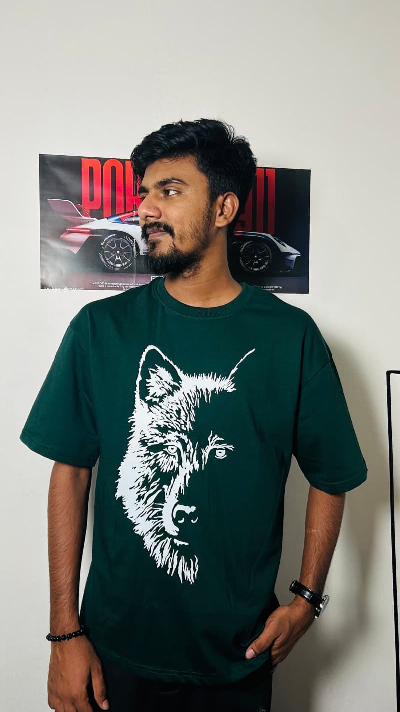 Wolf Graphic Bottle Green Oversized T-Shirt 3