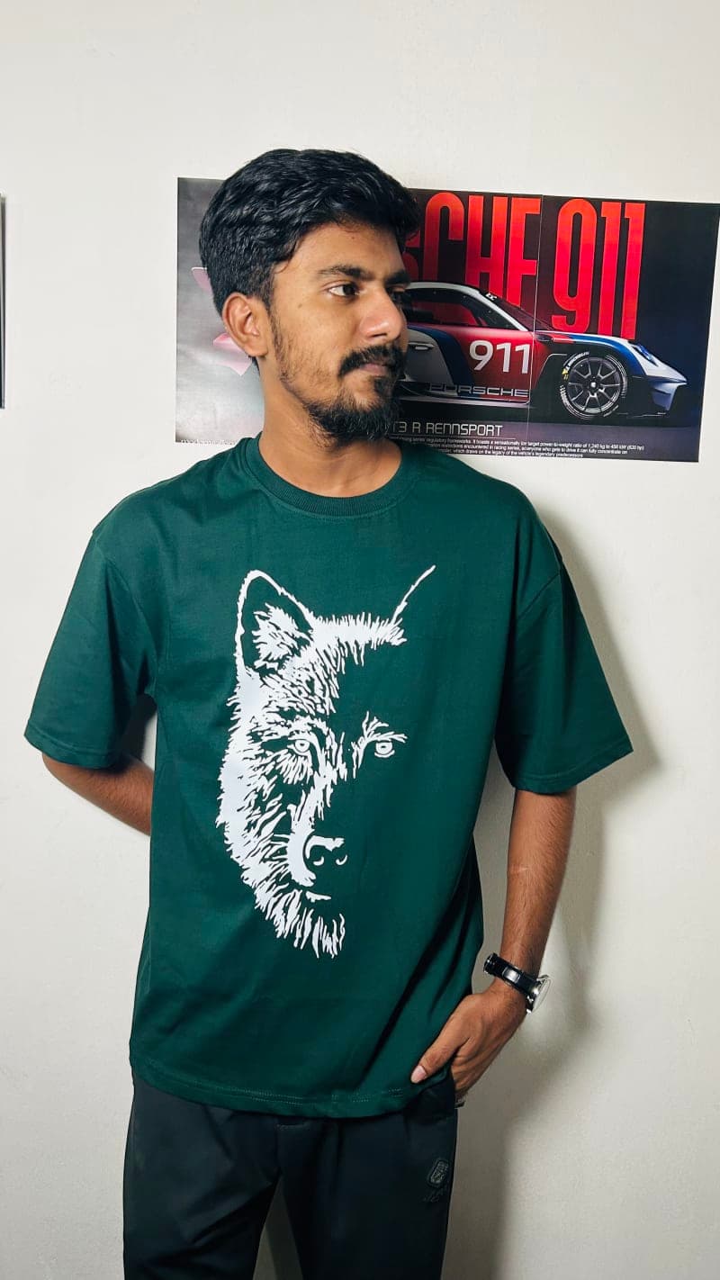 Wolf Graphic Bottle Green Oversized T-Shirt 2